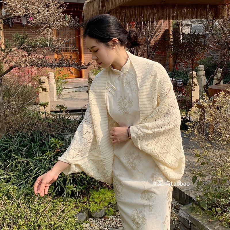 旗袍披肩女外搭女针织细毛线春秋办公室空调房搭裙子Y礼服开衫外