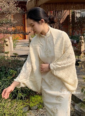 旗袍披肩女外搭女针织细毛线春秋办公室空调房搭裙子Y礼服开衫外
