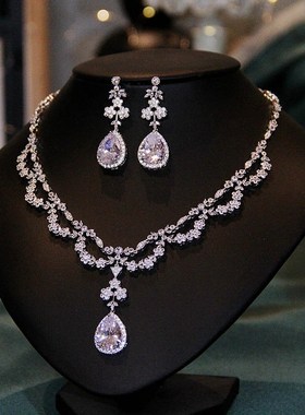 新娘主婚纱项链结婚高级感装饰配婚礼锆石耳环套装晚礼服轻奢首饰