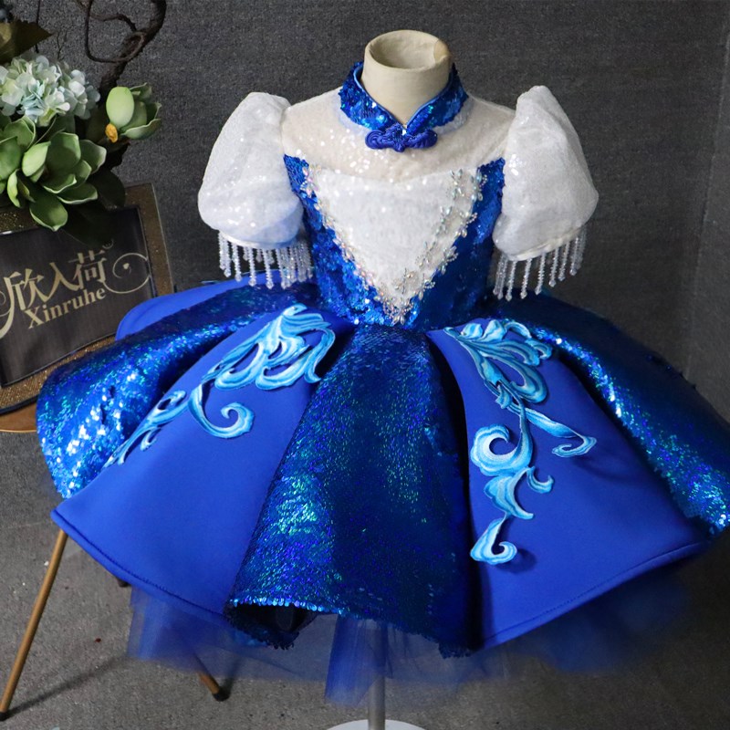 中国风蓝色礼服青花瓷风范主持走B秀口才表演演出服新年晚会表演