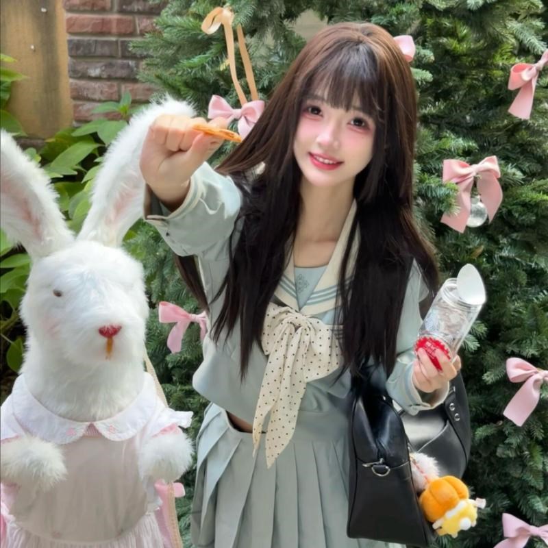 圣诞节抚蝶女子薄荷白巧水手服长袖jk制服套装学院风高腰百褶裙女