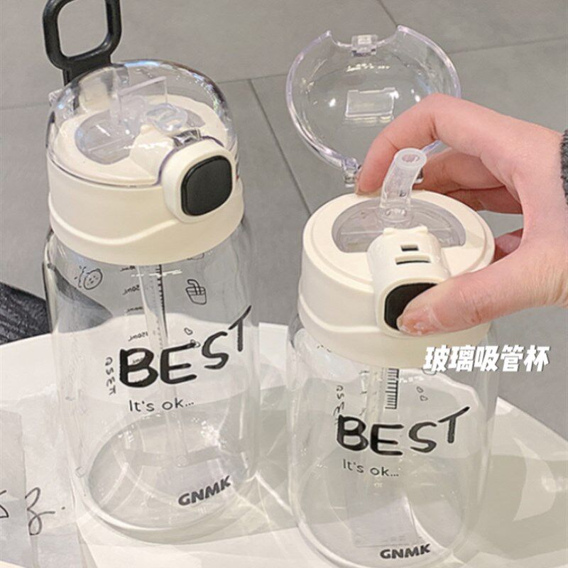 果汁杯便携外带玻璃吸管杯成人2023年网红爆款水杯提醒喝水刻度杯