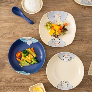 釉下彩可爱餐具碗碟套装家用日式卡通碗盘乔迁碗具情侣碗筷2人
