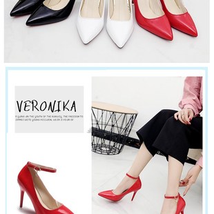 35-45码 工作职业皮鞋黑色高跟鞋细跟尖头一字扣带W单鞋胖宽大码