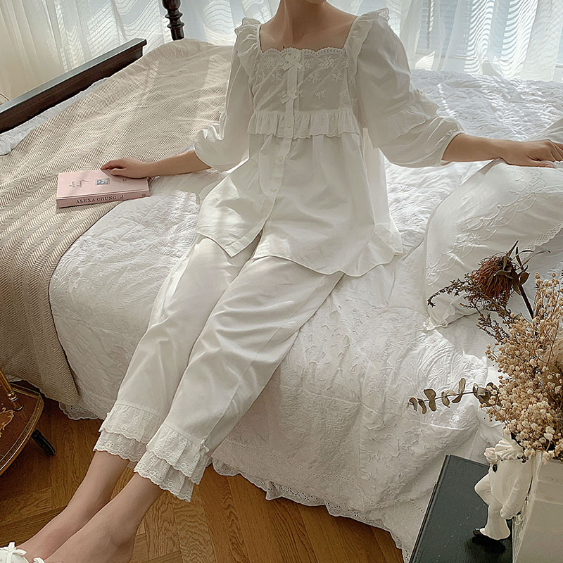 韩版睡衣女夏休闲套装甜美可爱公主风蕾丝薄款学生家居服秋季