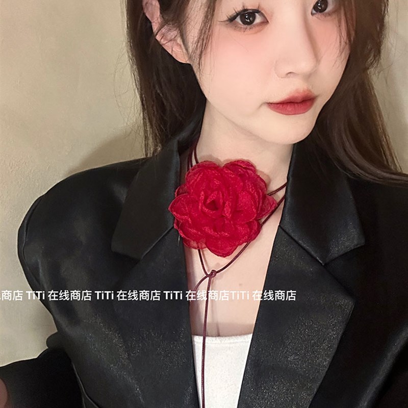 纯欲上线!网纱花朵皮蜡线项链女春夏旅拍度假氛围手工绑带项圈