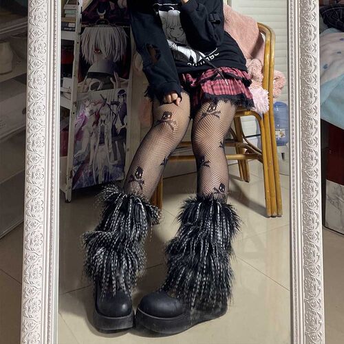 速发Furry Leg Warmers Y2K Goth White Faux Fur Leg Warmers Bo