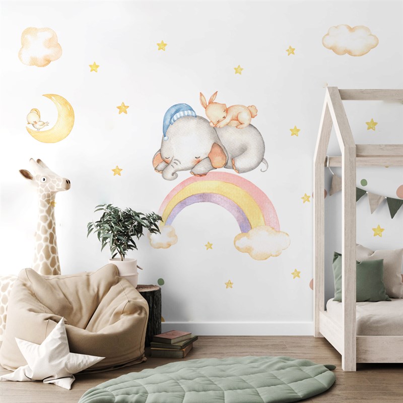 北欧云朵大象卡通儿童房卧室卡通墙贴纸温馨室内墙壁装饰自粘贴画图片