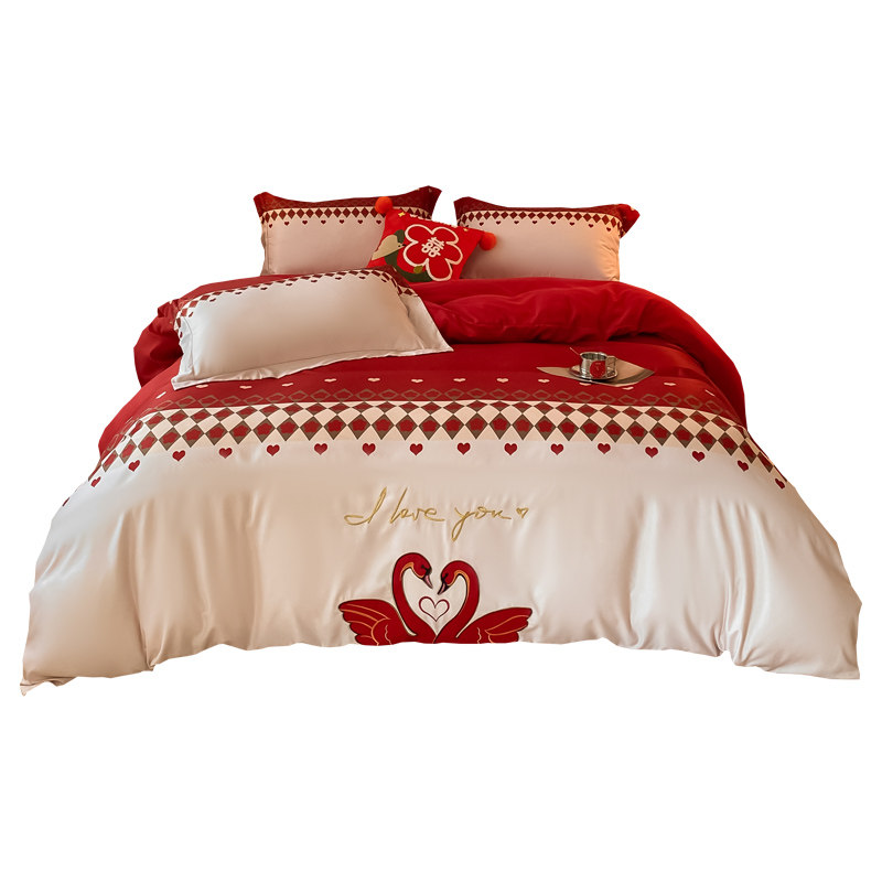 现货公主风结婚四件套大红新婚刺绣被套床笠女方陪嫁婚庆床上,床上用品,婚庆床品套件,淘宝优惠券,粉丝福利购,淘宝优惠卷