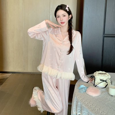 睡衣春秋女款冰丝2025新款高级感洋气长袖长裤夏季时尚家居服套装