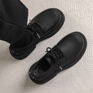 皮鞋男款2025新款高级感休闲鞋黑色厚底大头鞋子年轻人通勤德比鞋