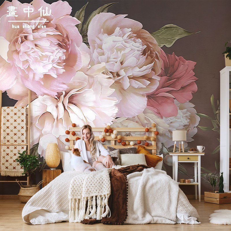 8d手绘牡丹花壁画简约电视背景墙卧室客厅壁布立体沙发床头墙纸