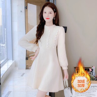 蕾丝边加绒加厚洋装女装秋冬季新款小个子淑女内搭打底毛衣裙子