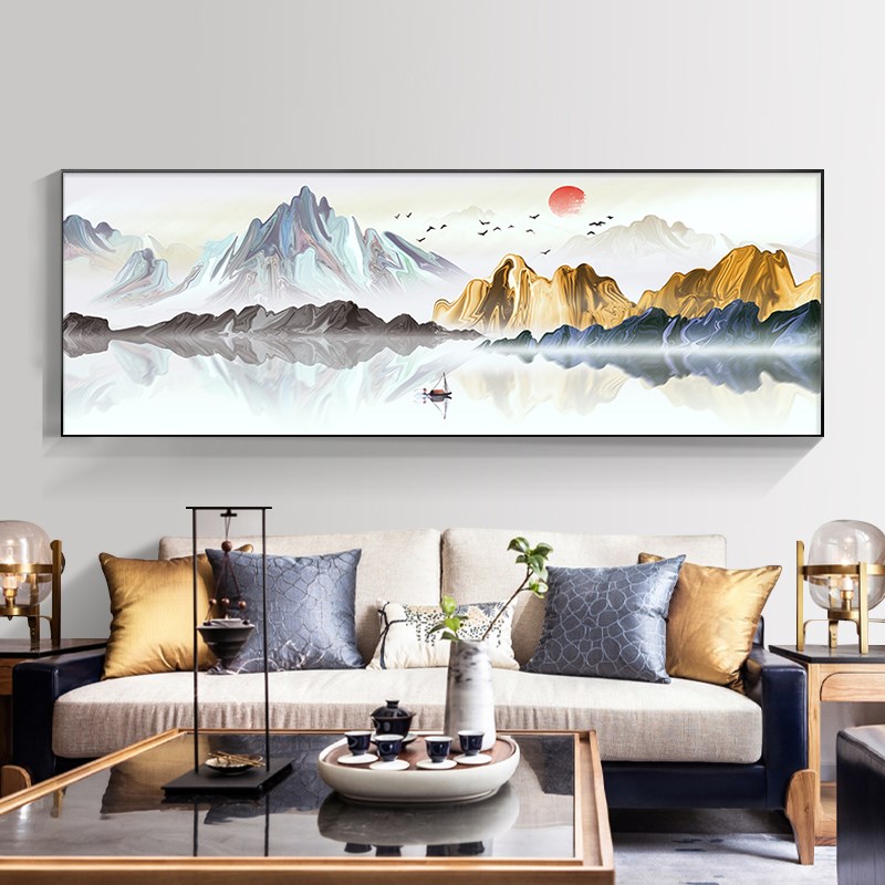 新中式客厅装饰画沙发背景墙大横幅山水画旭日东升寓意好靠山网红