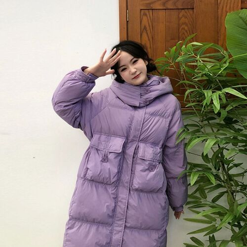 90白鸭紫色f羽绒服外套女2024秋冬季新款宽松韩版炸街中长款面包