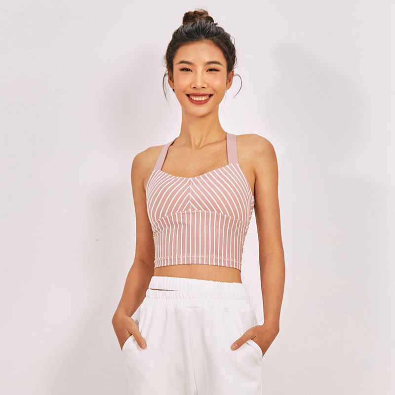 La Nikar 女生健身背心外穿后背交叉瑜伽运动吊带上衣条纹健身服