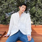 白衬衫 韩版 男长袖 很仙 春夏个性 条纹拼接设计感网红款 假两件衬衫