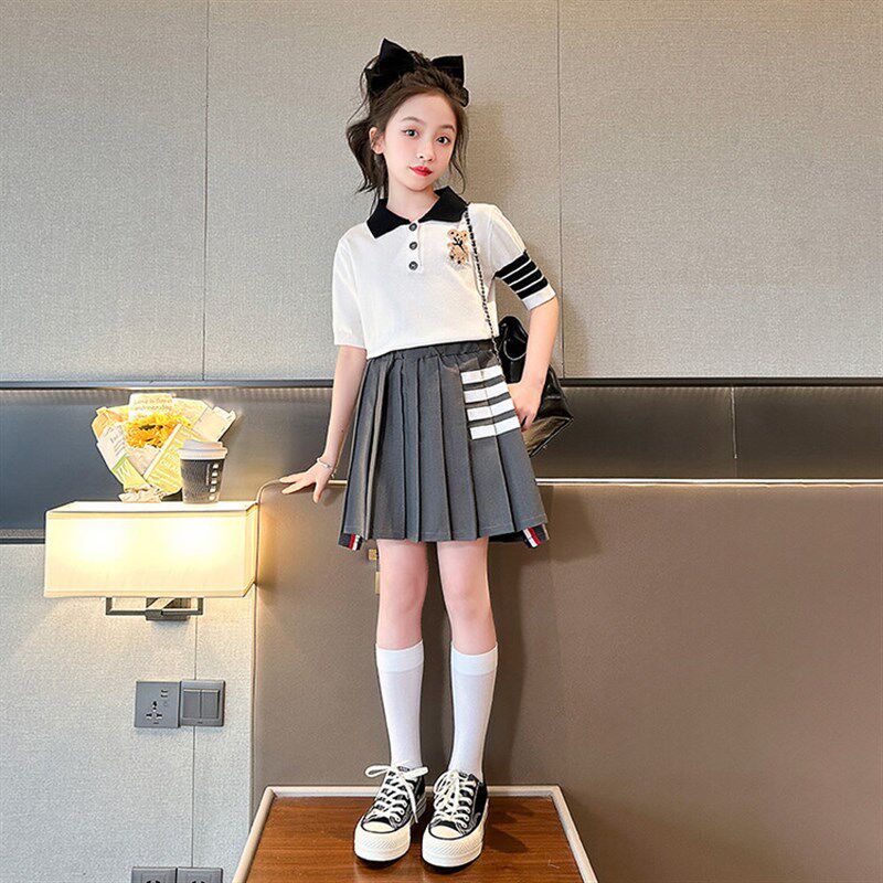 next sara女童连衣裙夏装2023新款儿童夏季短袖学院百褶裙两件套
