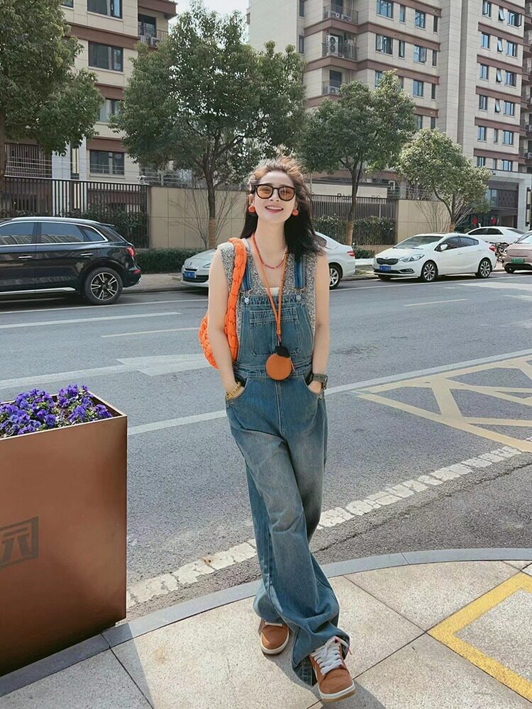 美式复古牛仔背带裤女夏季宽松休闲直筒连体裤高腰垂感阔腿拖地裤
