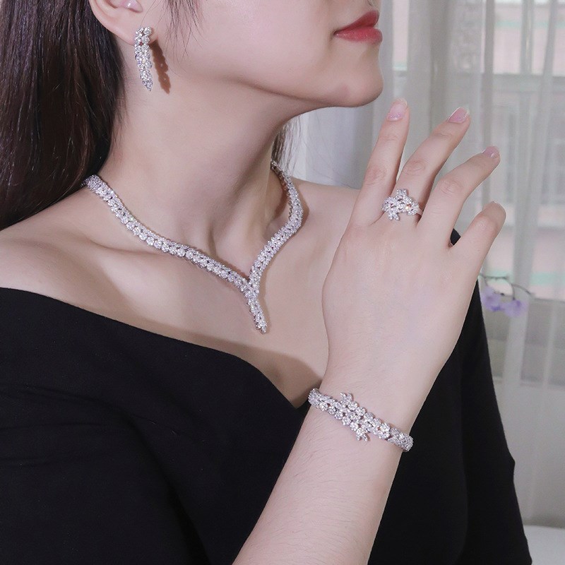 超闪奢华锆石微镶新娘项链耳环套装饰品婚纱礼服配饰晚宴宴会首饰