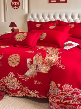中式结婚四件套红色床单全棉龙凤刺绣被套婚庆床上用品陪嫁床笠款