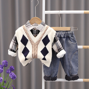 男童冬装套装2023新款儿童洋派时髦宝宝加绒加厚秋冬季马甲三件套