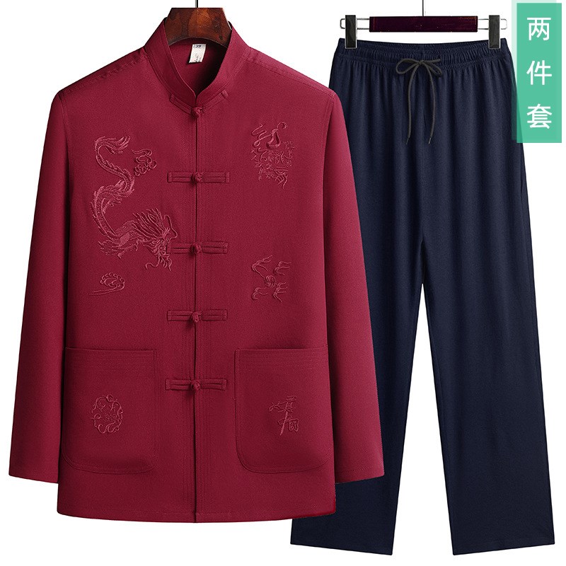 夏季唐装男长袖套装中老年人夏装爸爸薄款冰丝上衣老人衣服男爷爷
