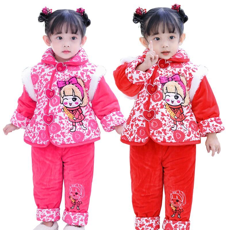 儿童唐装女1-2-3婴儿加厚中国风拜新年过年衣服宝宝冬装棉衣套装