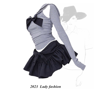 秋天 水手服时尚两件套装短款x蓬蓬裙辣妹夏季设计感内搭T恤女上