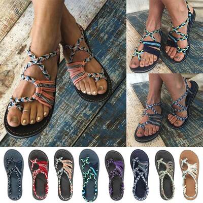 推荐Roman Summer Sandals Shoes Woman Color Matching Rope Kno