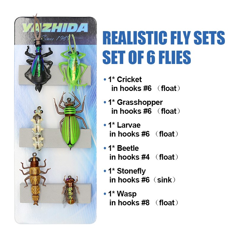 Fly Fishing Flies Set 6pcs bumble bee Grasshopper chub beetl