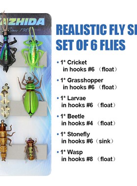 Fly Fishing Flies Set 6pcs bumble bee Grasshopper chub beetl