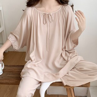 2024新款国风绵绸睡衣女夏季新中式可外穿加大码棉绸三件套家居服