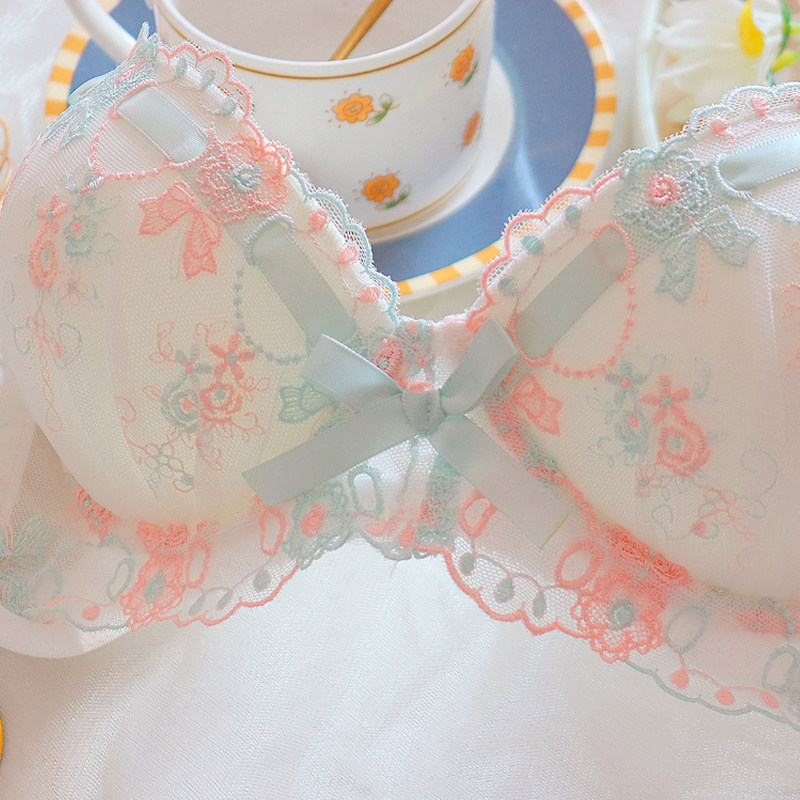 约素 花新晴~甜美可爱花朵刺绣蕾丝少女内衣套装日系纯欲薄款聚拢