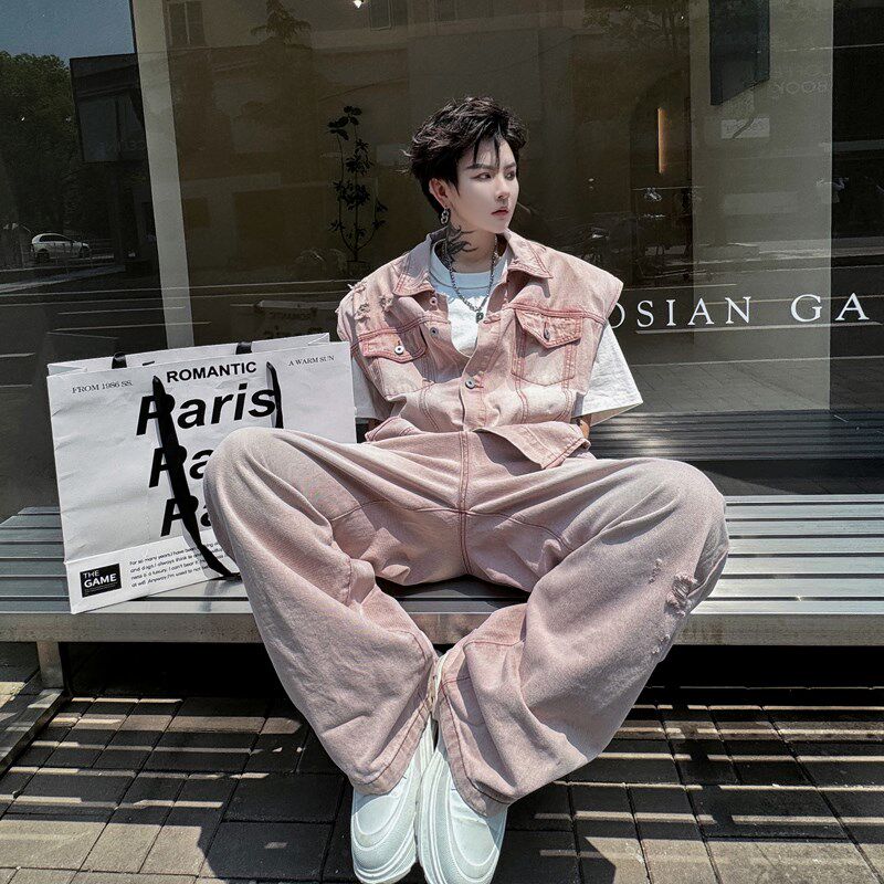 2024夏装美式小众做旧局部漂白磨破牛仔马甲套装男设计感阔腿长裤