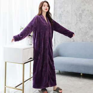 睡袍女冬加厚加长到脚踝宽松睡裙女拉链连体睡衣加绒情侣浴袍男秋
