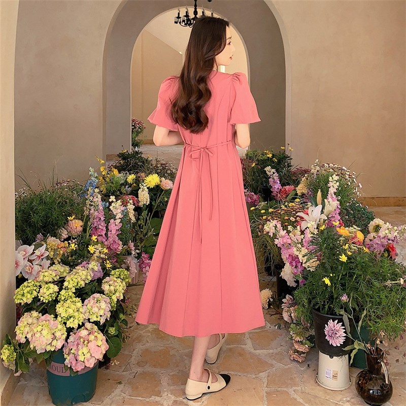 粉色泡泡袖连衣裙女夏季新款x法式仙气可盐可甜方领收腰气质长裙