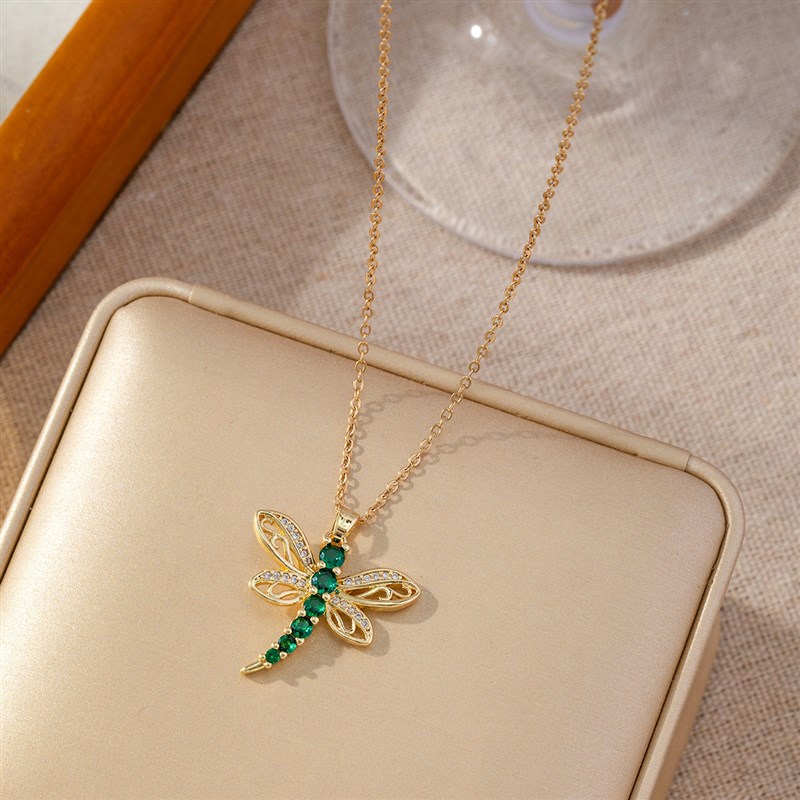 欧美跨境temu新m款可爱高级百搭长款昆虫蜻蜓吊式锆石项链女锁骨