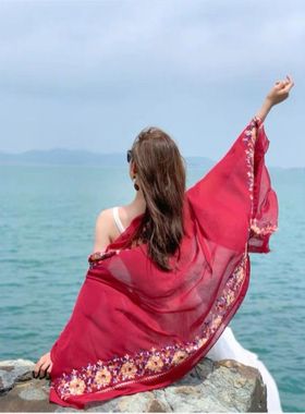 海滩大纱巾春夏季刺绣民族风围巾大西北茶卡盐湖披肩女两用丝巾旅