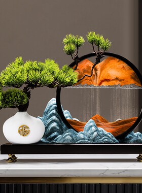 新品迎客松创意山水流沙画摆件沙漏新中式客厅玄关办Y公室装饰品