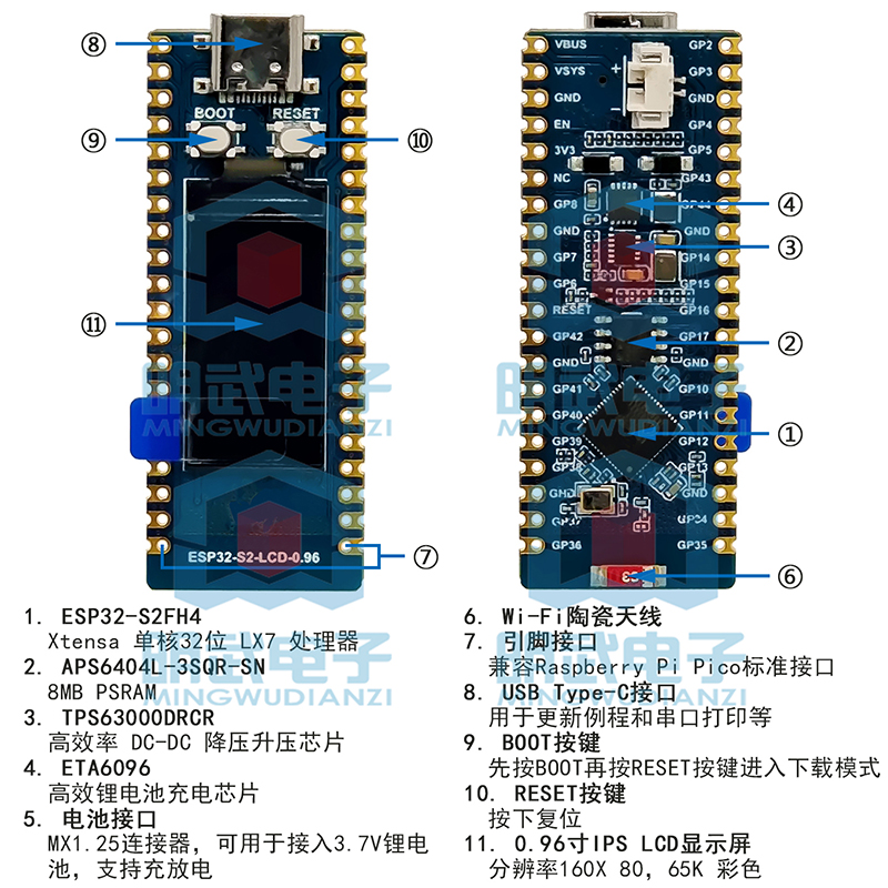 现货速发ESP2-S2/RP2040控制 0.96寸LCD显示屏扩展 WiFi开发板