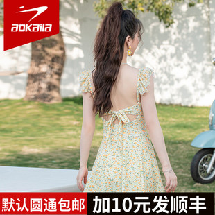 网红浅色碎花连衣裙式吊带连体泳衣女保守遮肚显瘦游泳装AT918863