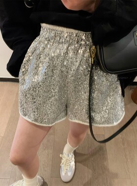 爱情魔鬼鱼 黑色亮片休闲裤女20B24夏季新款高腰显瘦阔腿热裤短裤