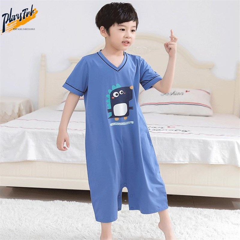 儿童棉质睡袍女童夏季连体男童防踢被宝宝防着凉睡裙孩子短袖睡衣