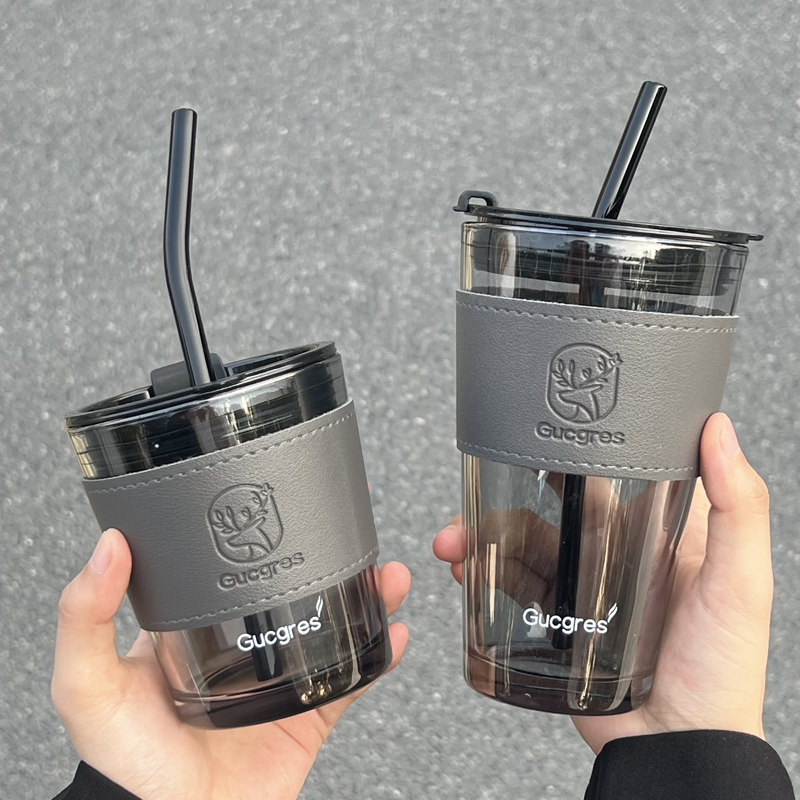 杯子女新款2024水杯男高级感吸管玻璃杯学生办公带盖吸管杯咖新品