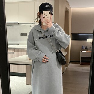 大码孕妇卫衣连衣裙秋冬新款中长款加绒纯棉连帽宽松上衣女200斤