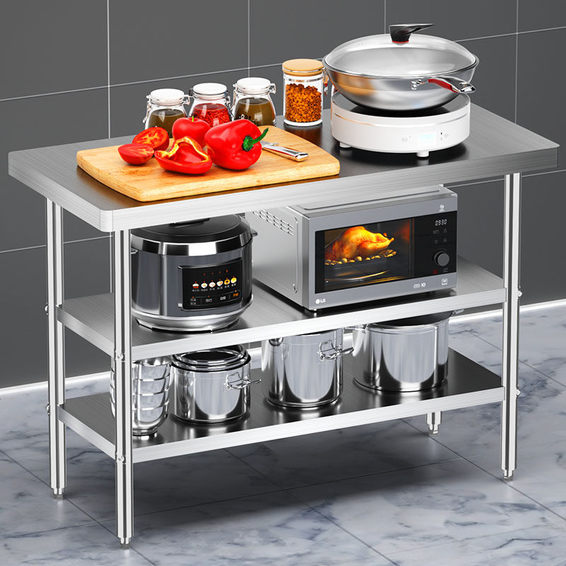 加厚双层不锈钢操作台圆角工作y台案板桌三层打包台面厨房切菜台