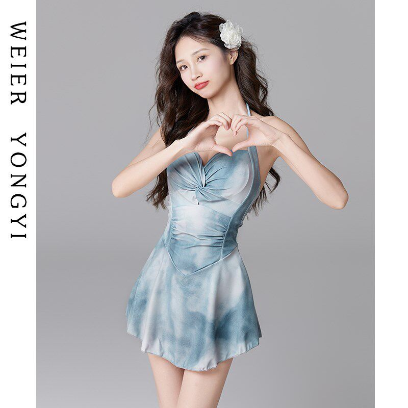 泳衣女款高级感保守学生女士连体挂脖裙式收腰遮肚显瘦温泉游泳衣