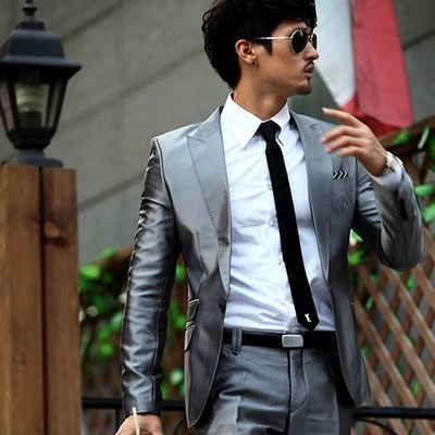 /深灰色亮面主持人/结婚礼服司仪男士新郎韩版西服套装