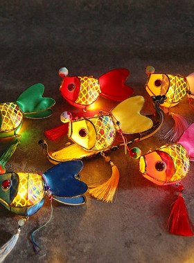 过新年复古锦鲤非遗网纱手工手提发光迷你小金P鱼红色灯宫灯笼成